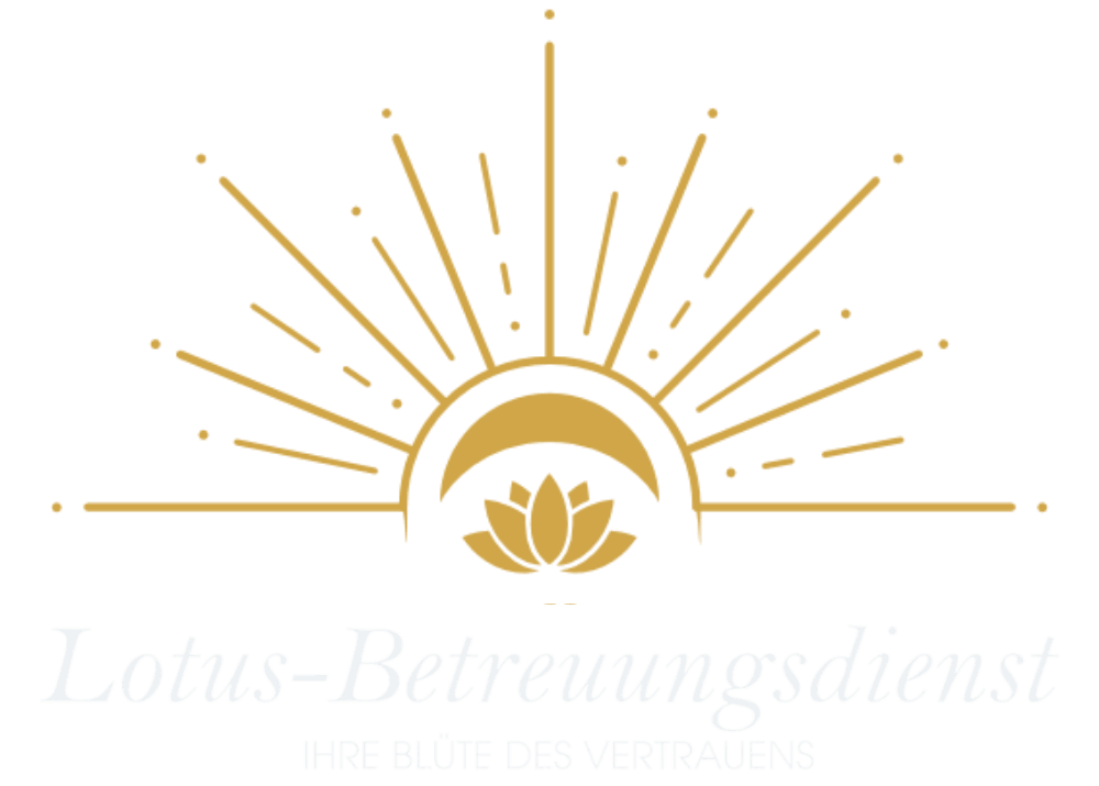 Logo des Lotus-Betreuungsdiensts mit goldener Lotusblüte, aufgehender Sonne und dem Slogan „Ihre Blüte des Vertrauens“.