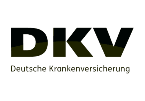 DKV Logo mit Schriftzug „Deutsche Krankenversicherung“ auf dunklem Hintergrund.