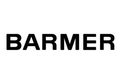 BARMER Schriftzug als Logo in dunkler Darstellung auf schwarzem Hintergrund.