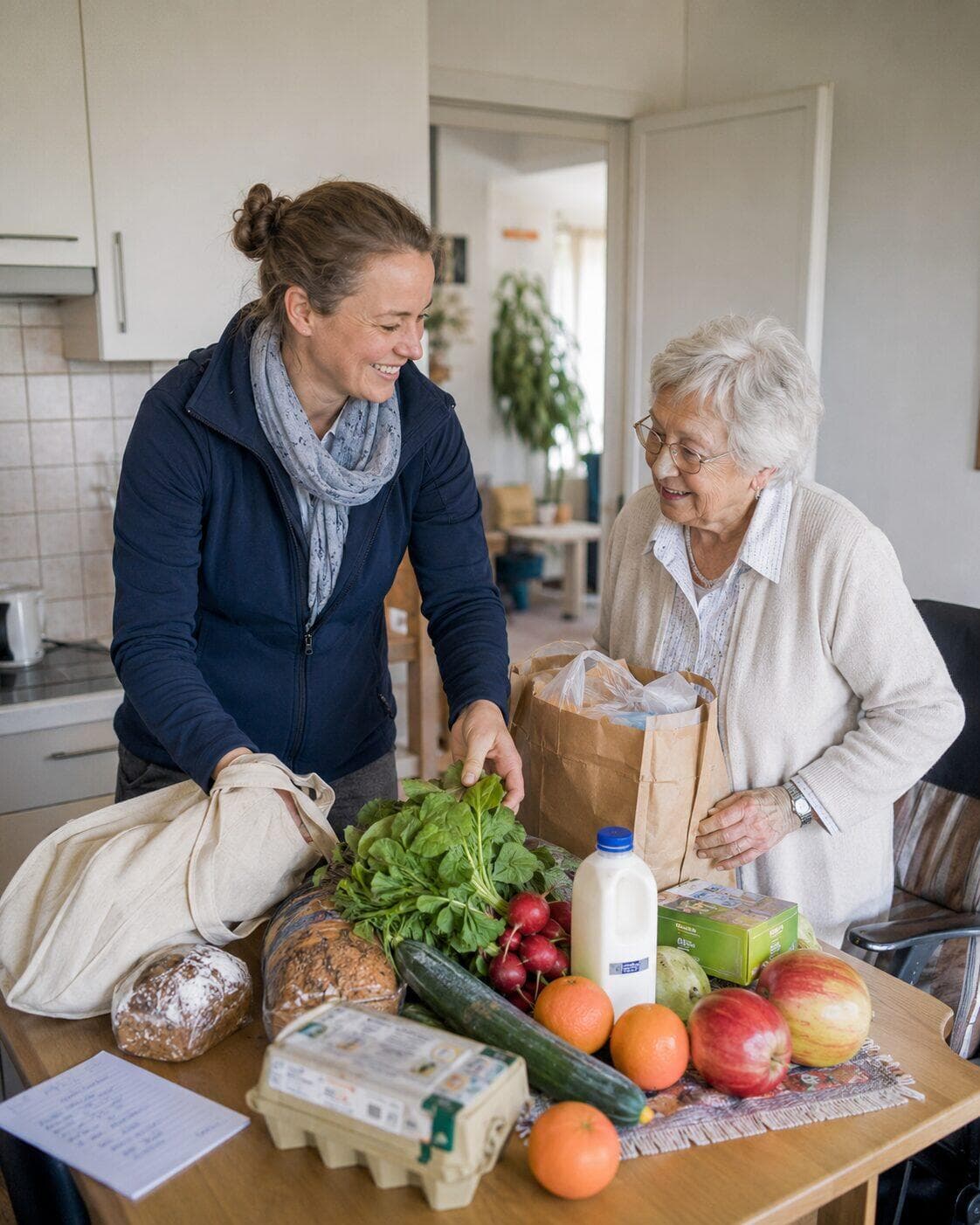 Eine Helferin bringt einer Seniorin in der Küche Lebensmittel und Einkaufstüten, darunter Obst, Gemüse, Milch und Brot.
