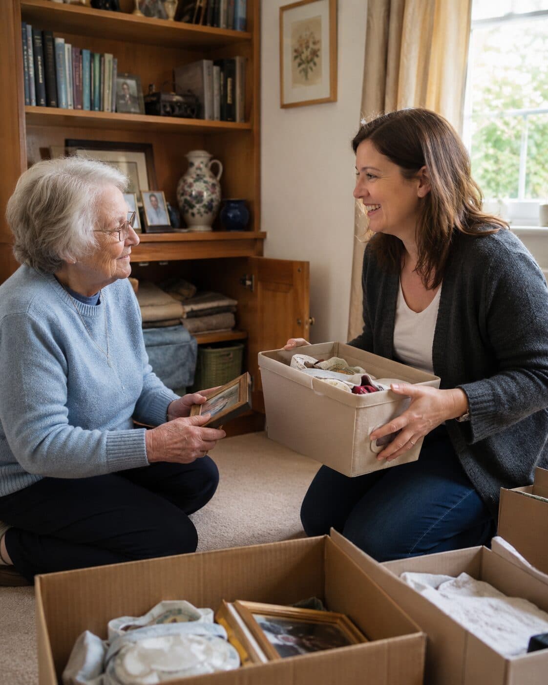 Eine Seniorin und eine Betreuerin sortieren zu Hause Fotos und Erinnerungsstücke in Kisten und sprechen dabei freundlich miteinander.
