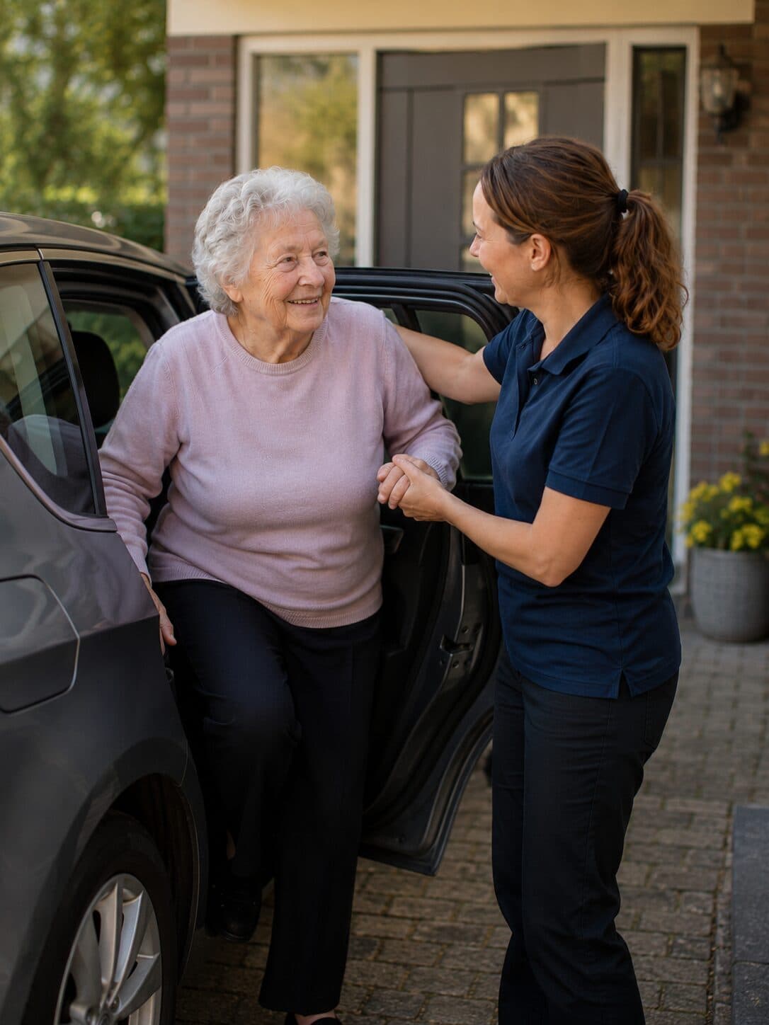 Pflegekraft unterstützt eine Seniorin beim Aussteigen aus dem Auto vor dem Haus – häusliche Pflege und Betreuung im Alltag.