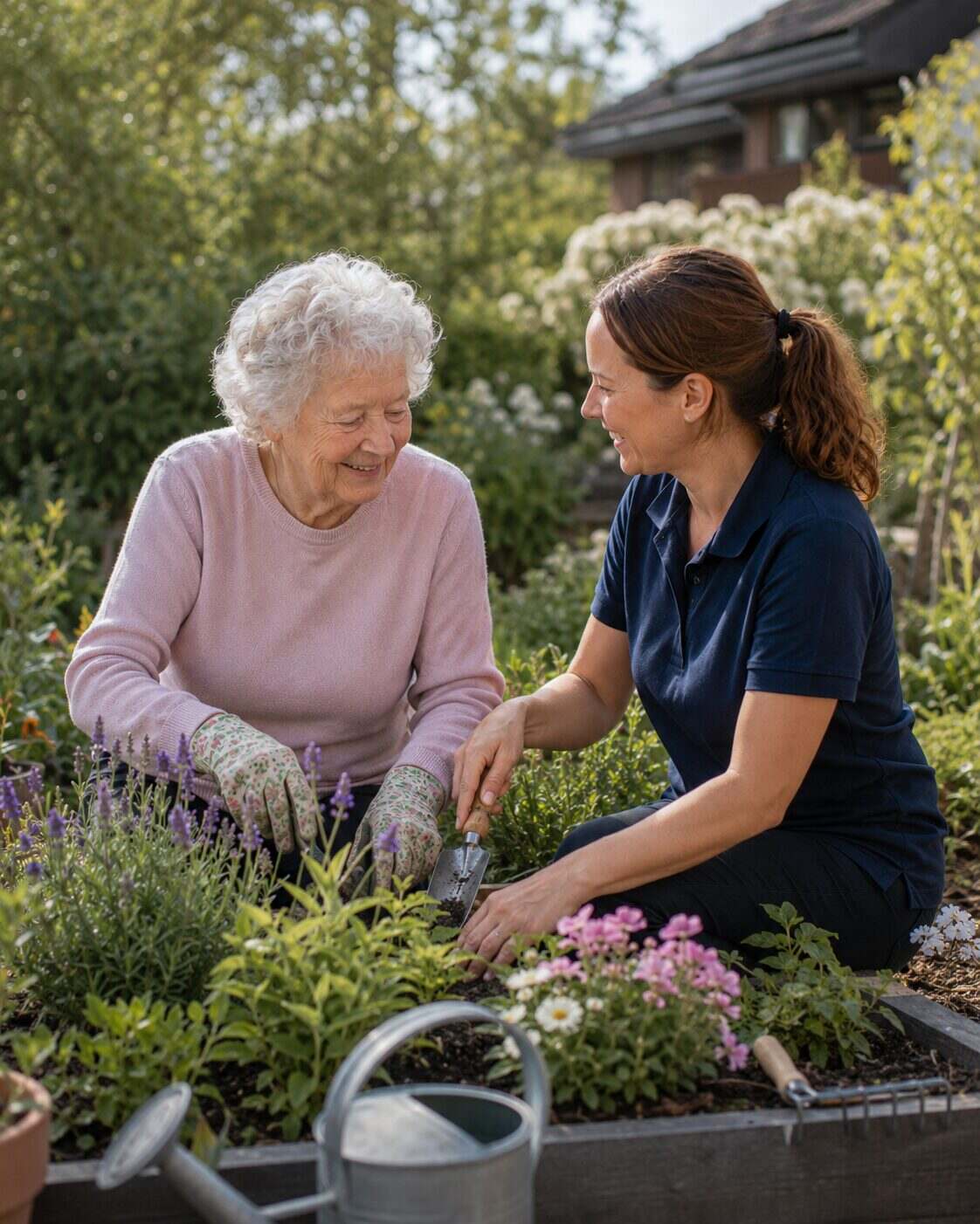 Pflegekraft hilft einer älteren Frau beim Pflanzen im Gartenbeet; beide sitzen zwischen Blumen und nutzen Gartengeräte.