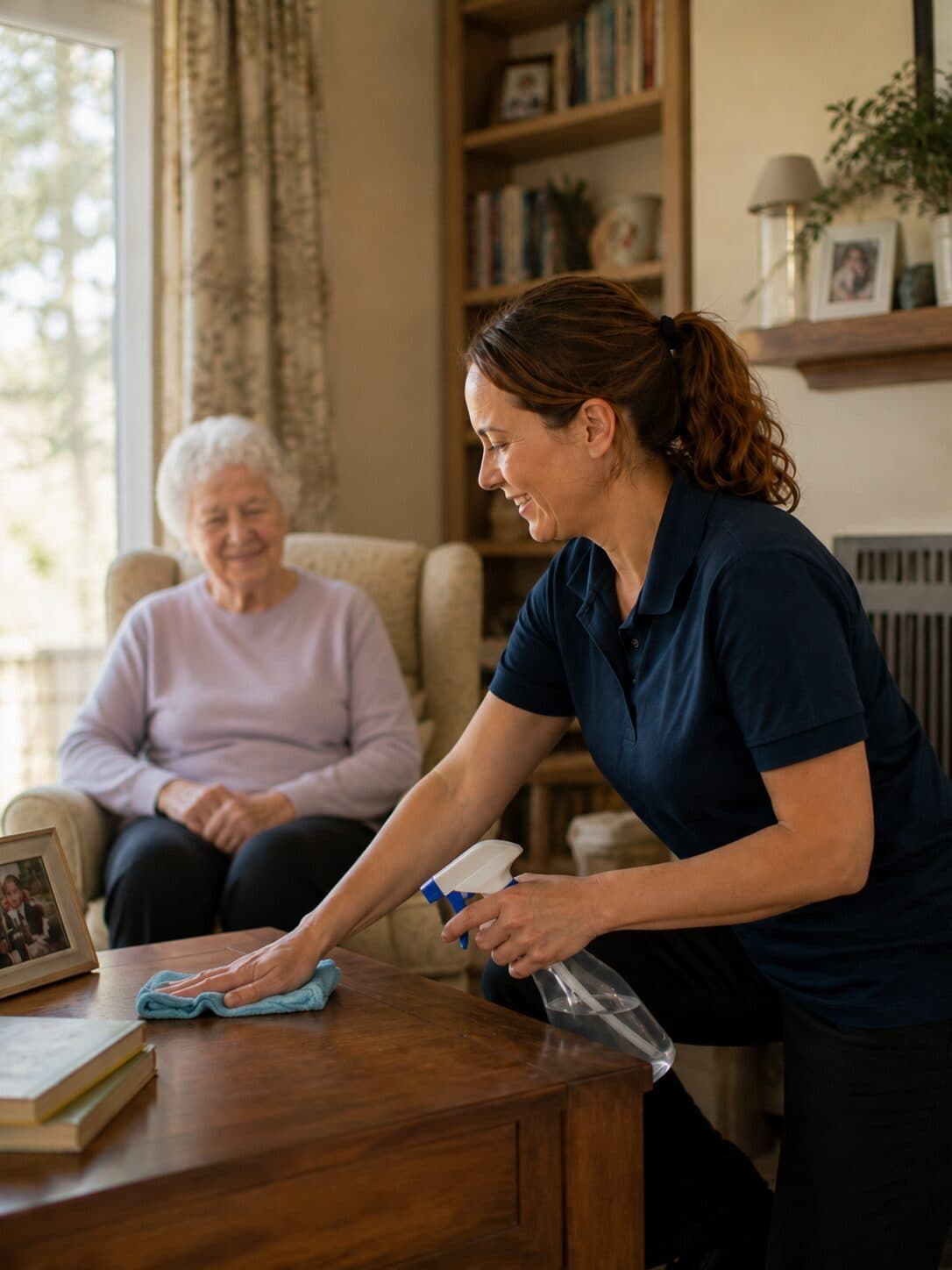 Pflegekraft wischt den Couchtisch im Wohnzimmer, während eine Seniorin entspannt im Sessel sitzt.