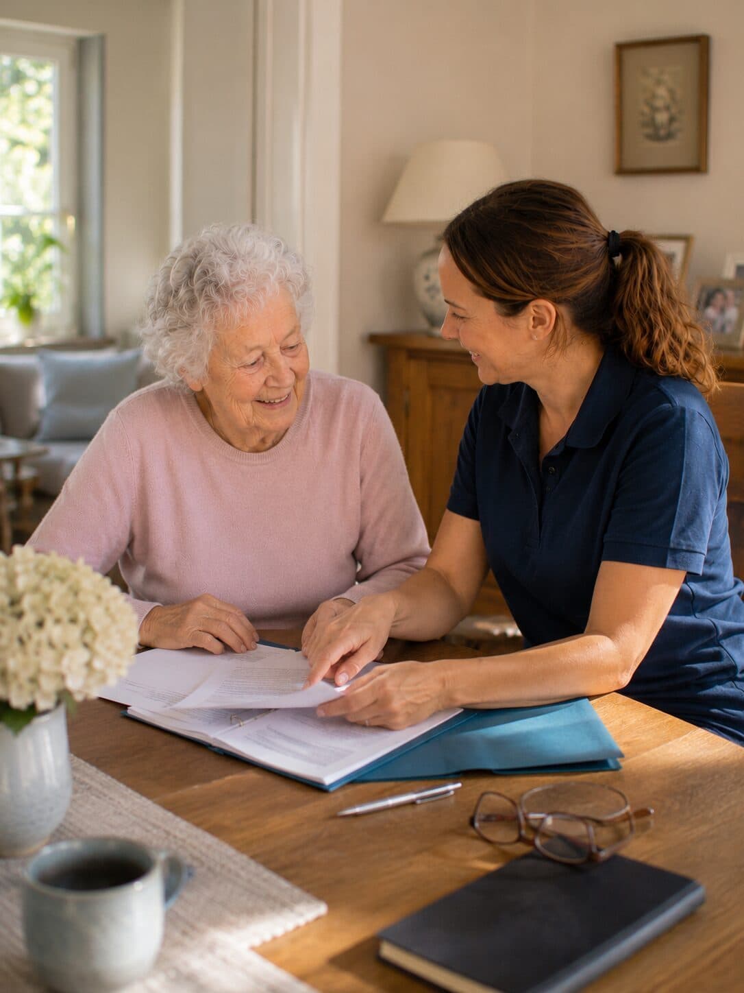 Betreuerin erklärt einer Seniorin am Esstisch Unterlagen bei einer Pflegeberatung zu Hause in heller Wohnumgebung.