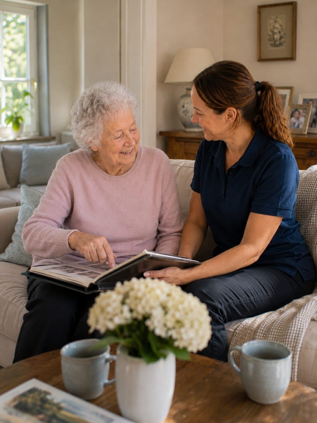 Pflegekraft sitzt mit einer Seniorin auf dem Sofa und schaut gemeinsam ein Fotoalbum in einem gemütlichen Wohnzimmer an.