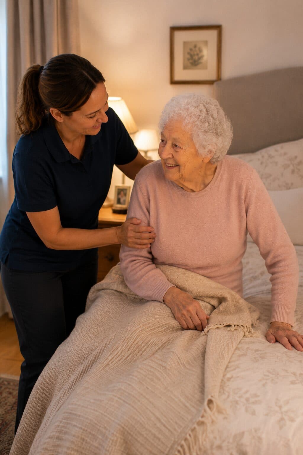 Pflegekraft hilft einer älteren Frau im Schlafzimmer beim Aufstehen und sorgt für sichere, liebevolle Betreuung zu Hause.