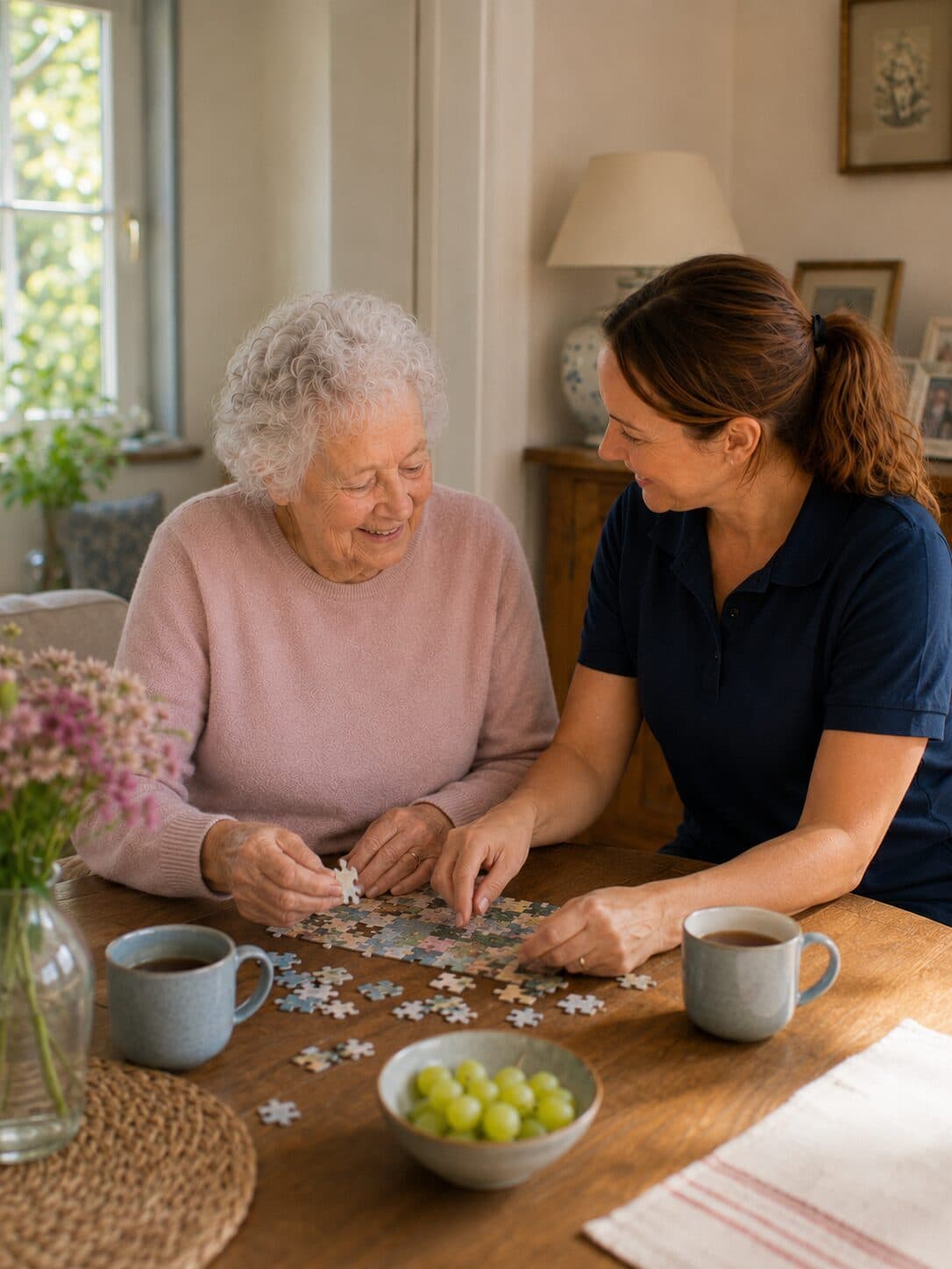 Seniorin löst ein Puzzle mit einer Betreuerin am Küchentisch; zwei Tassen Kaffee und eine Schale Trauben stehen bereit.